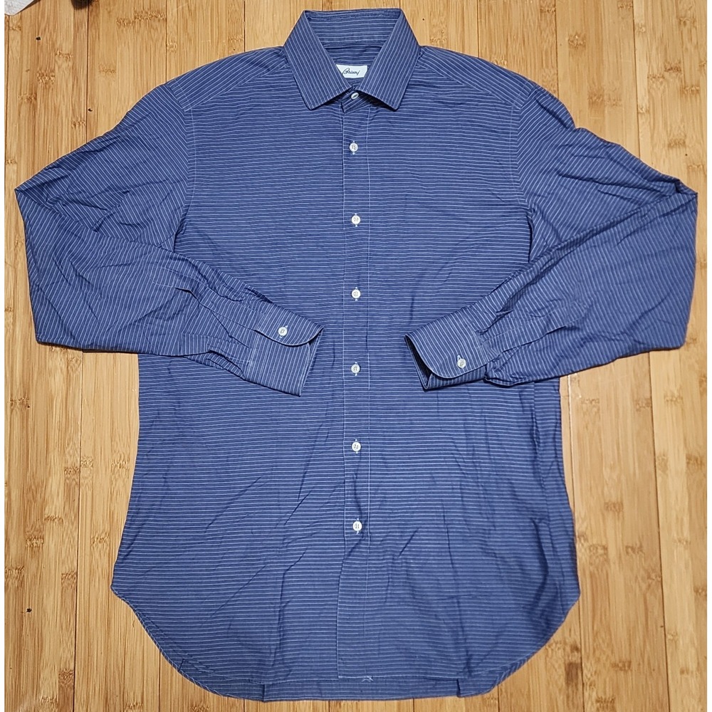 Brioni Dress Shirt Mens 15.5-39 Striped Blue White Button Up Preppy Formal Italy
